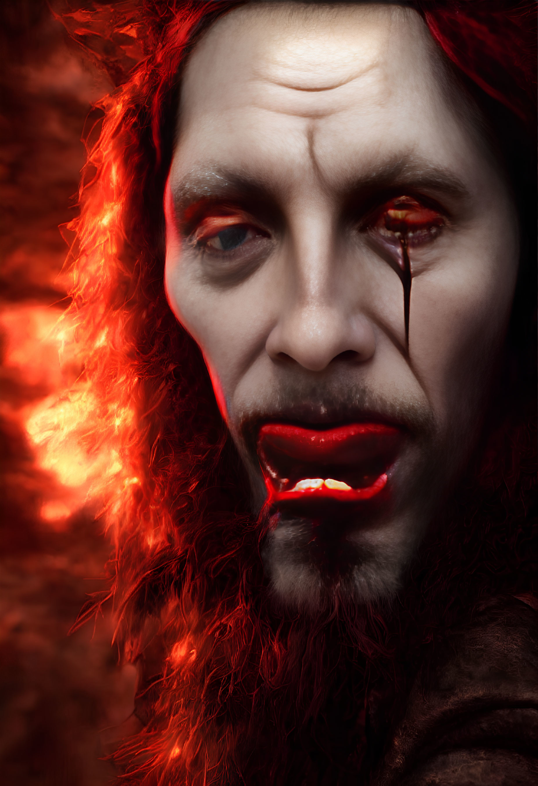 Sinister figure with red eyes, vampire fangs, and blood, against fiery background