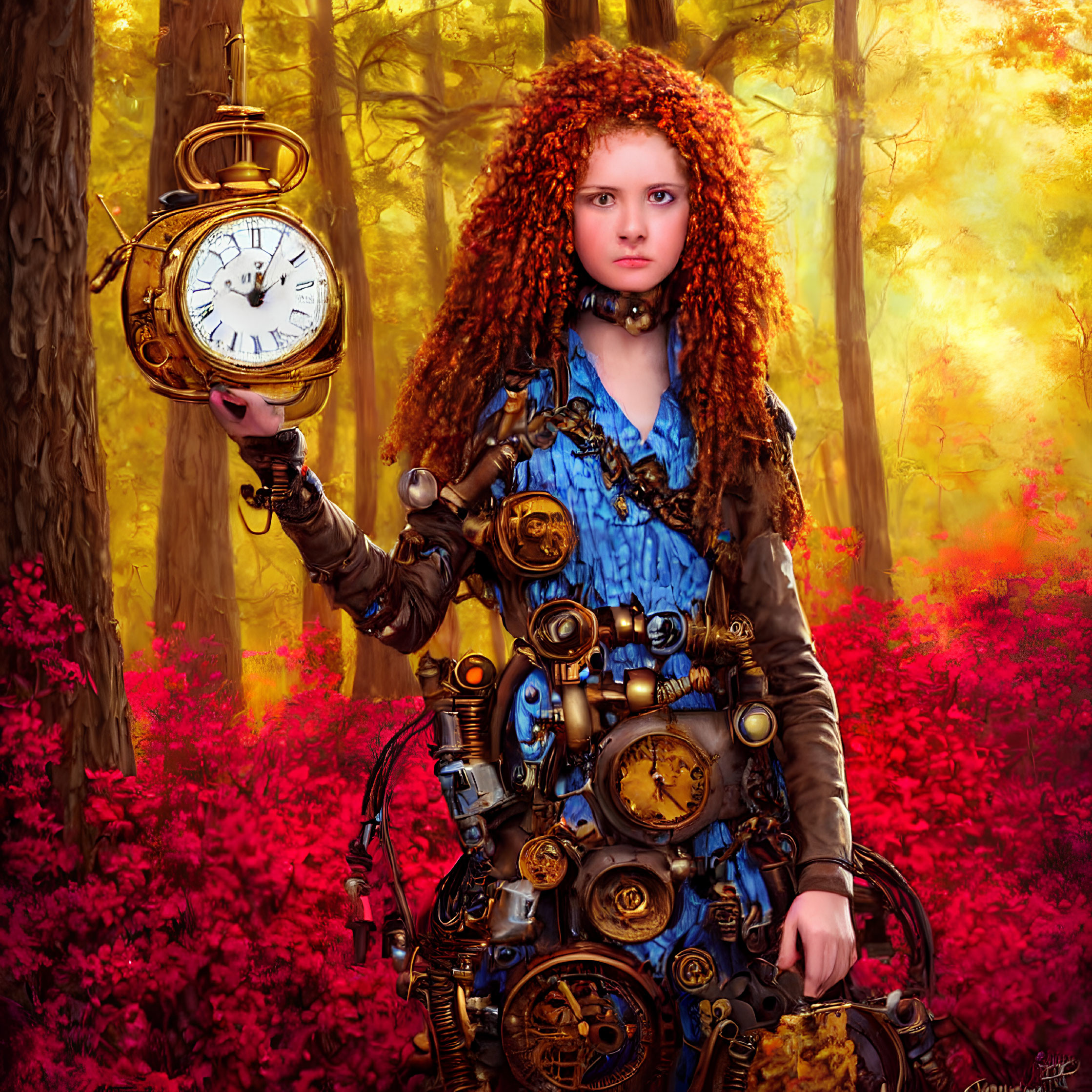 Curly Red-Haired Girl in Steampunk Outfit with Golden Pocket Watch in Autumn Forest