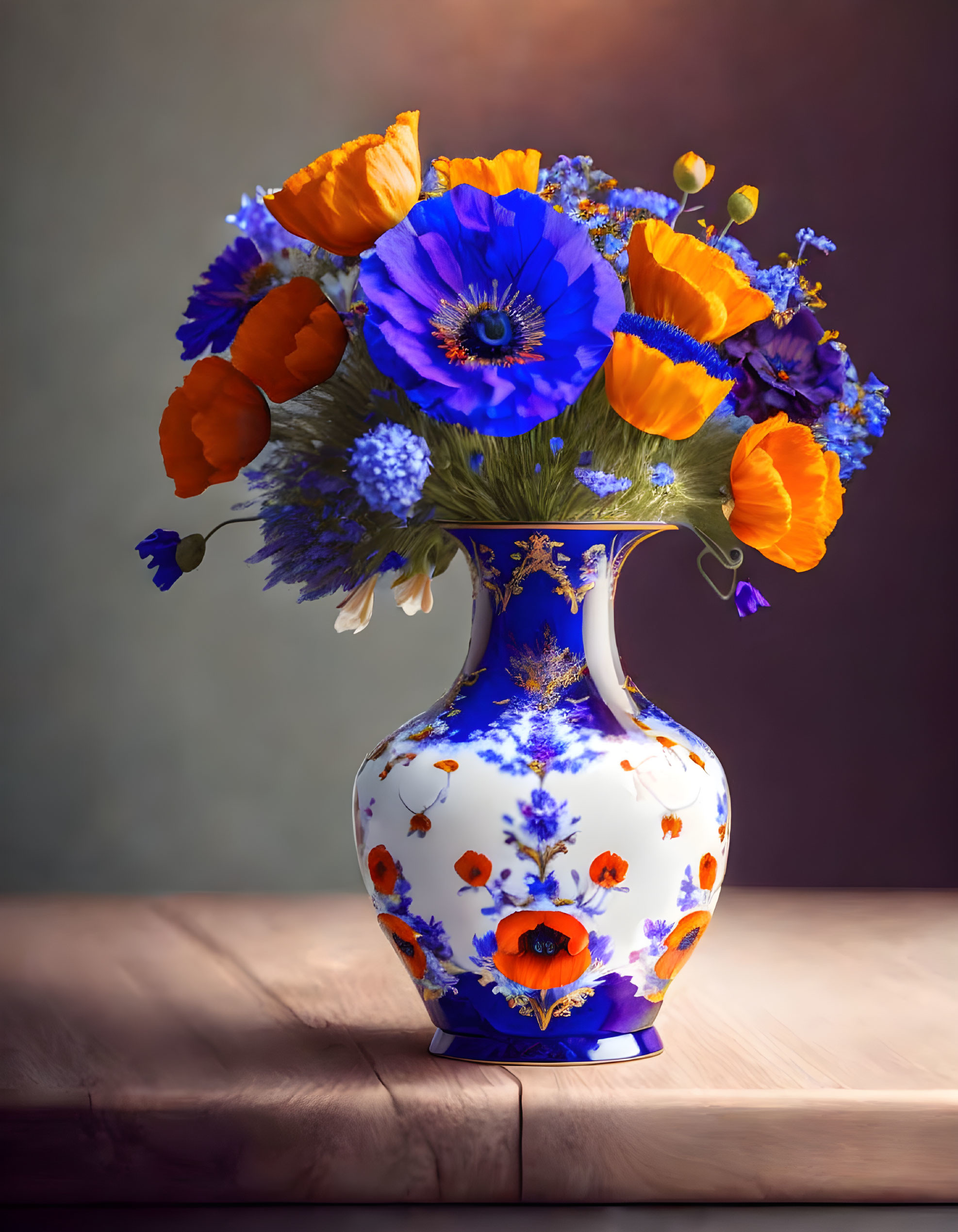 A beautiful vase, with poppies and cornflowers