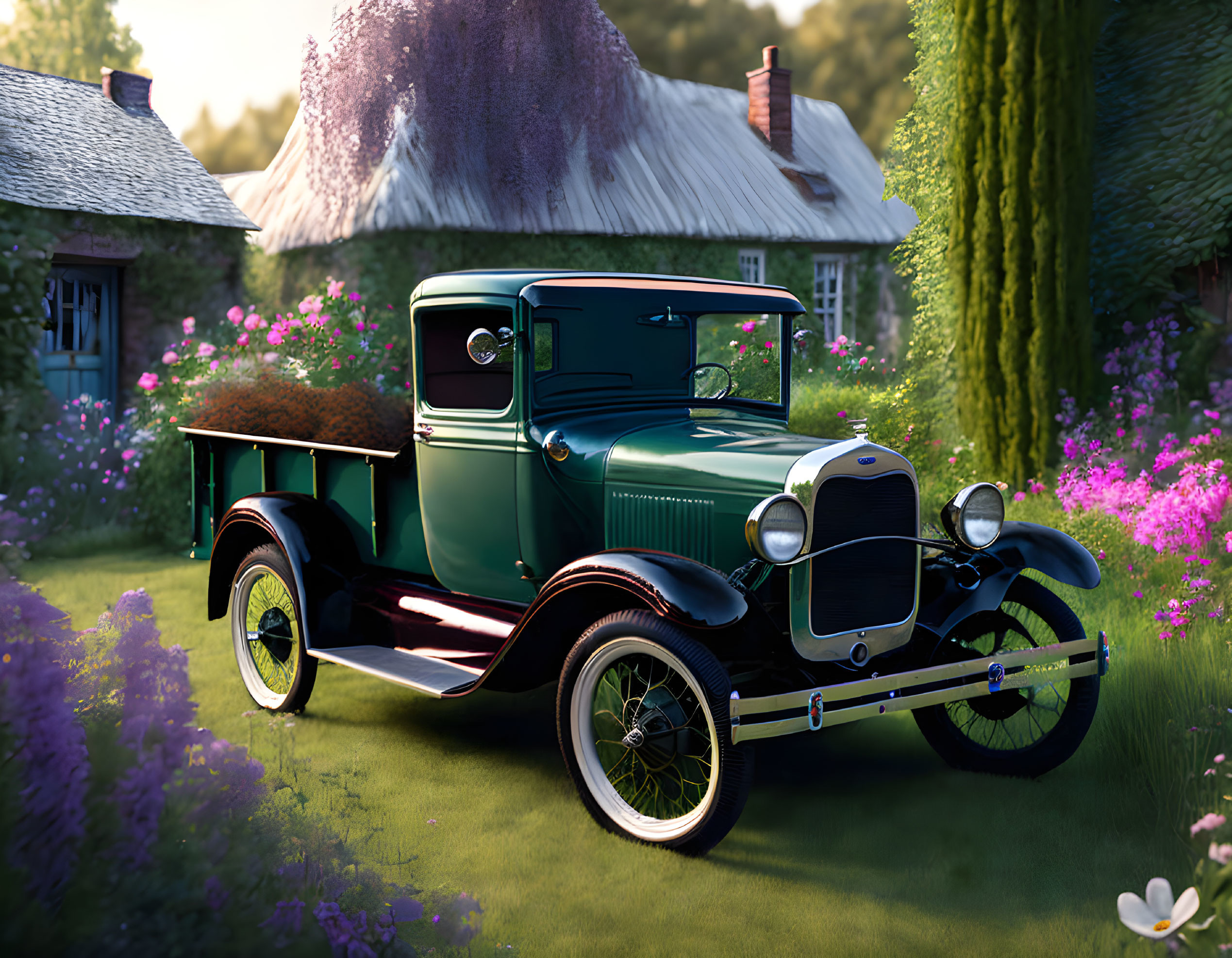 Vintage Green Pickup Truck Parked Near Cottage in Tranquil Countryside