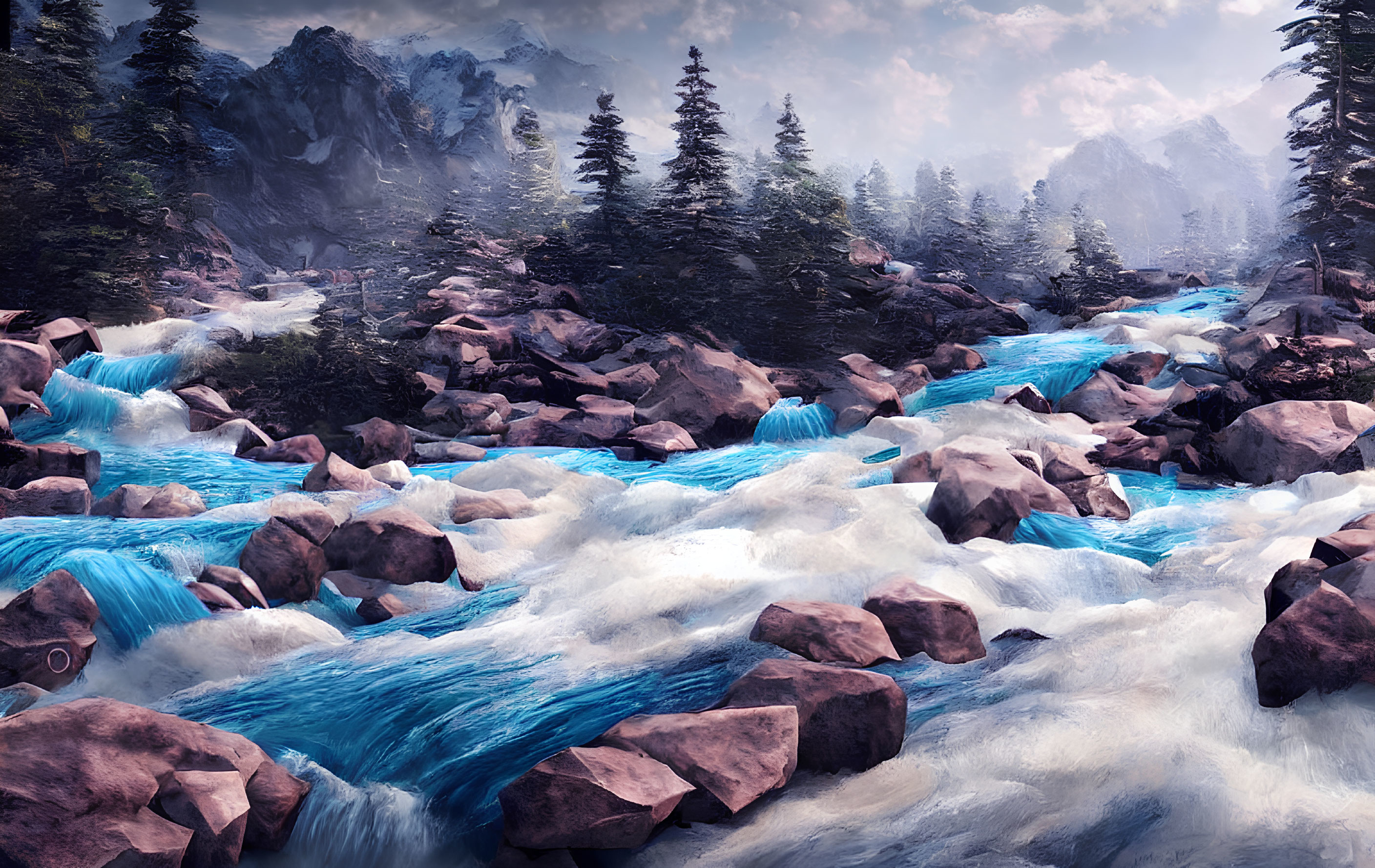 Vibrant digital artwork of rocky river landscape with blue waters and misty mountains