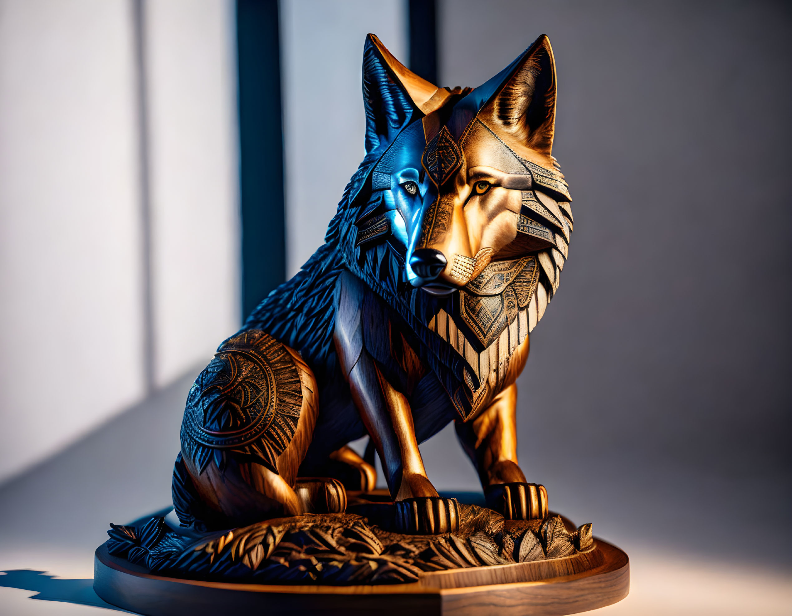 Detailed Carved Wooden Wolf Statue with Dramatic Lighting on High-Contrast Background