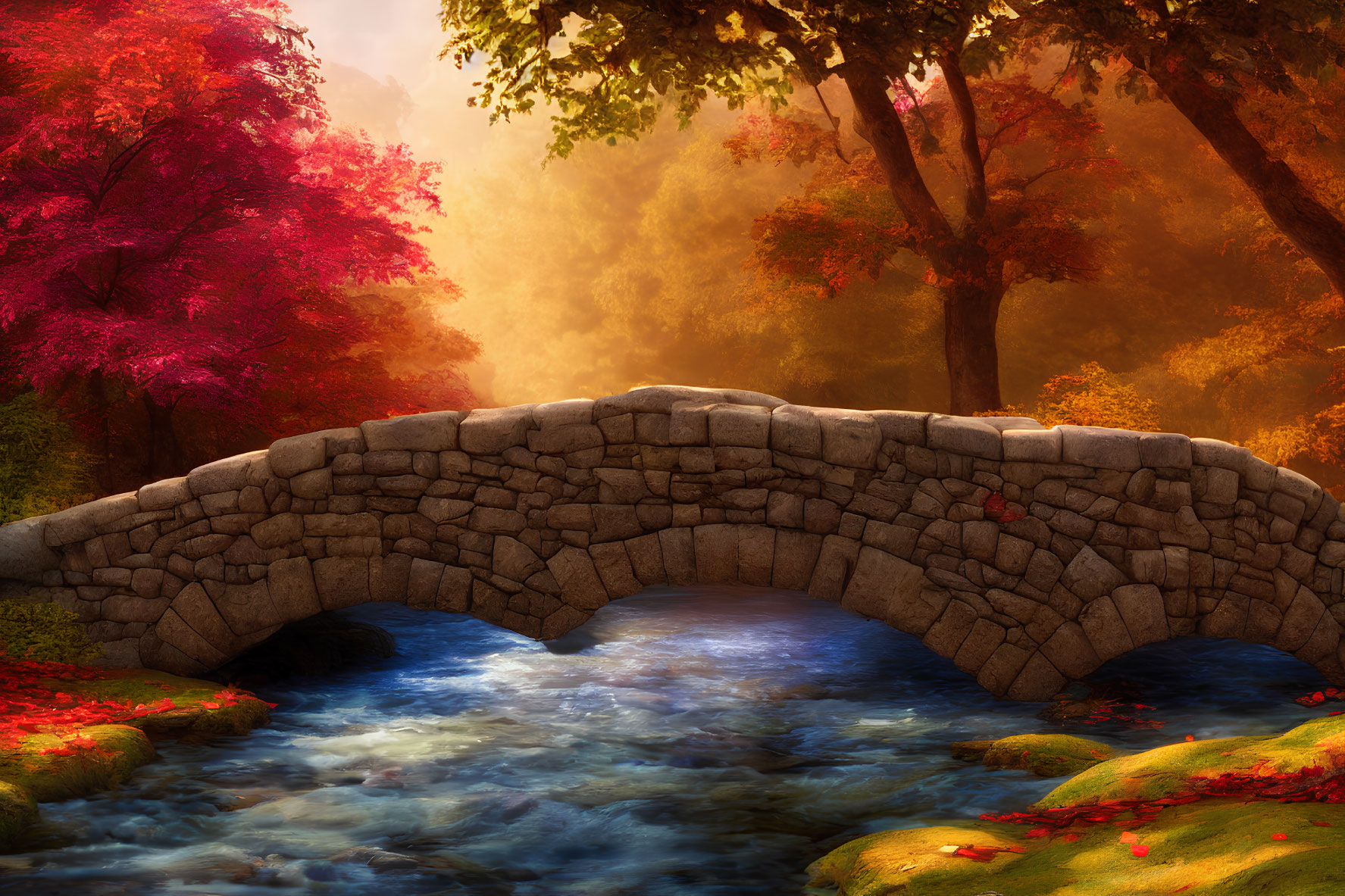 Stone bridge over clear stream surrounded by lush greenery and autumn trees in golden sunlight