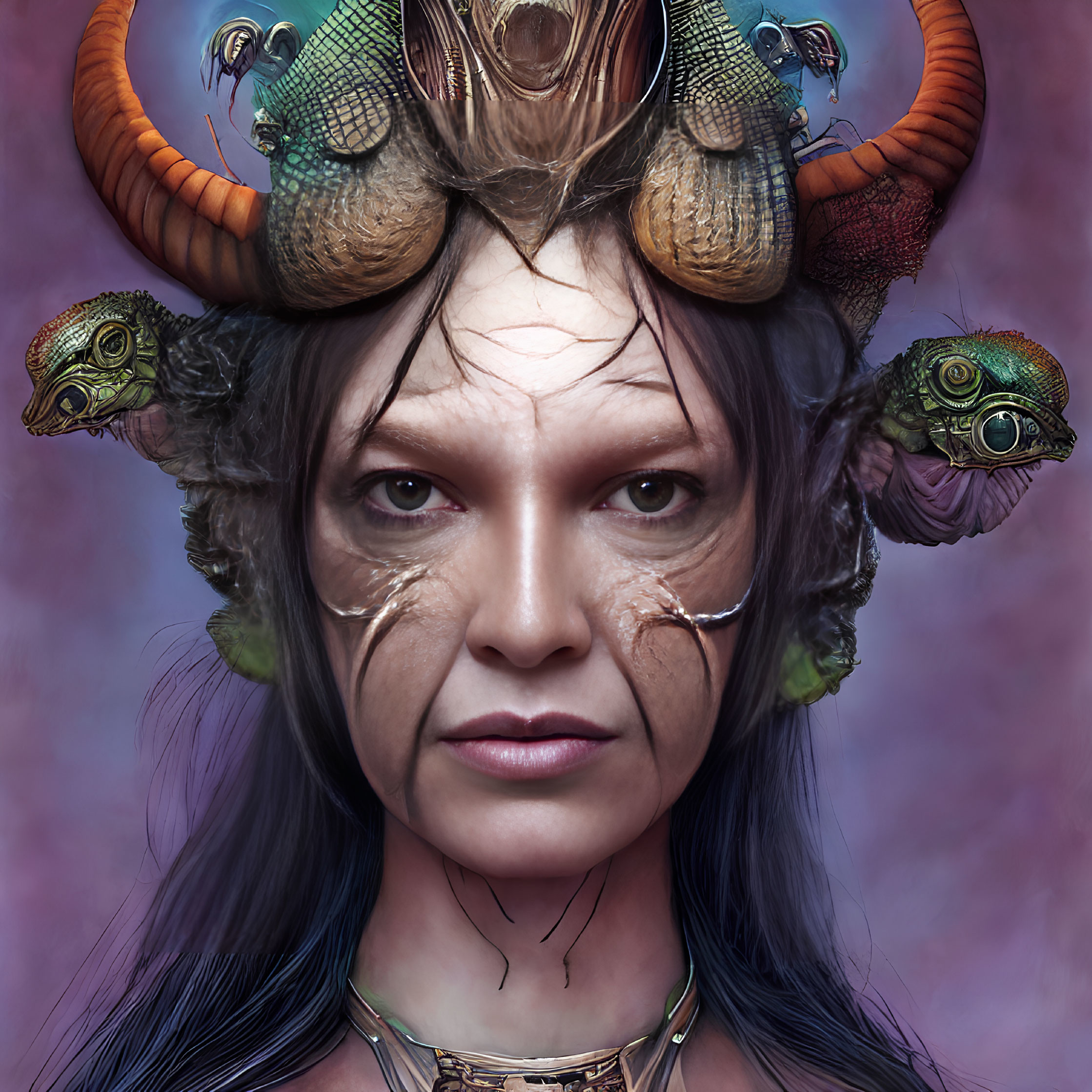 Fantasy-inspired headdress with horns and reptilian creatures on purple backdrop