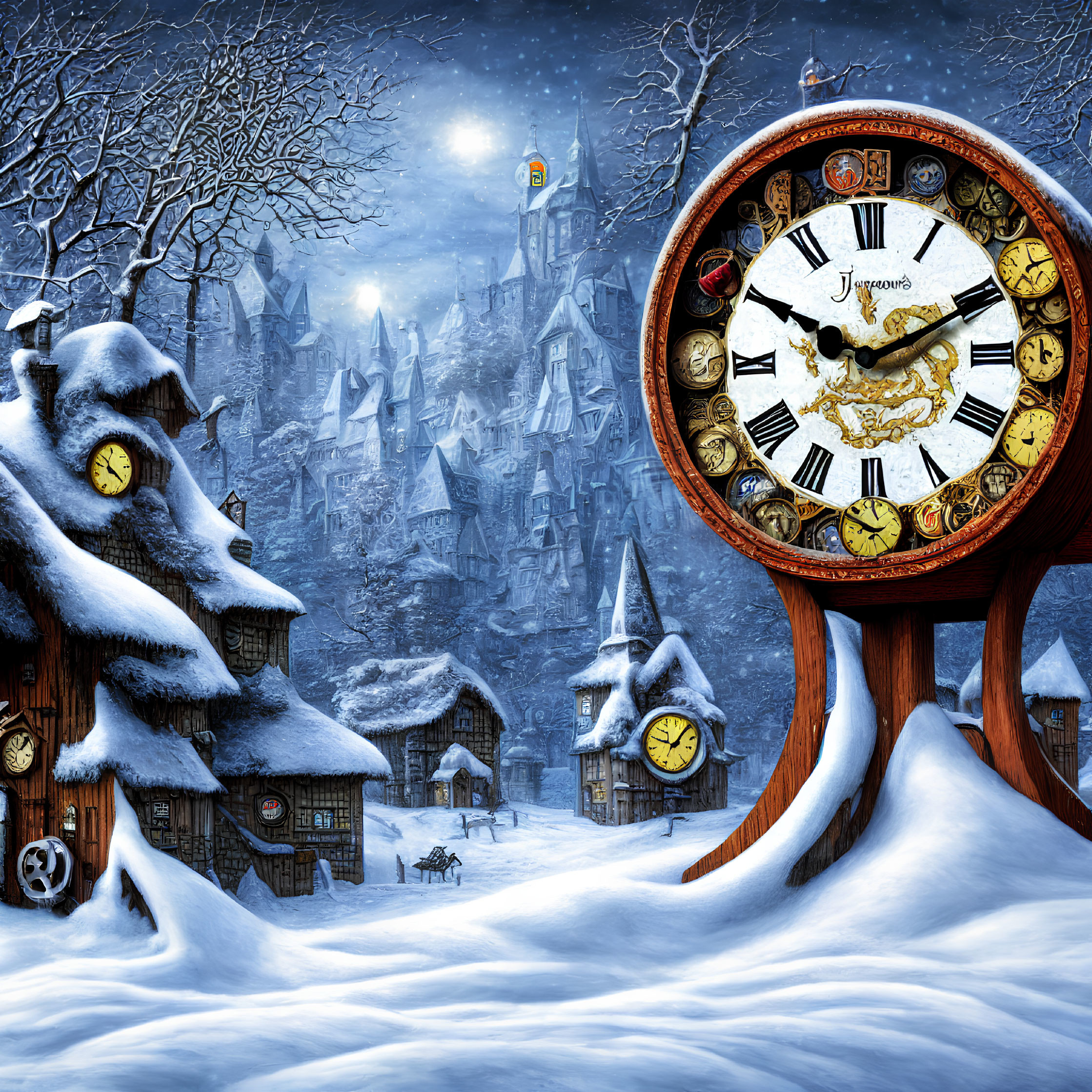 Winter scene with oversized ornate clock, snow-covered cottages, and full moon