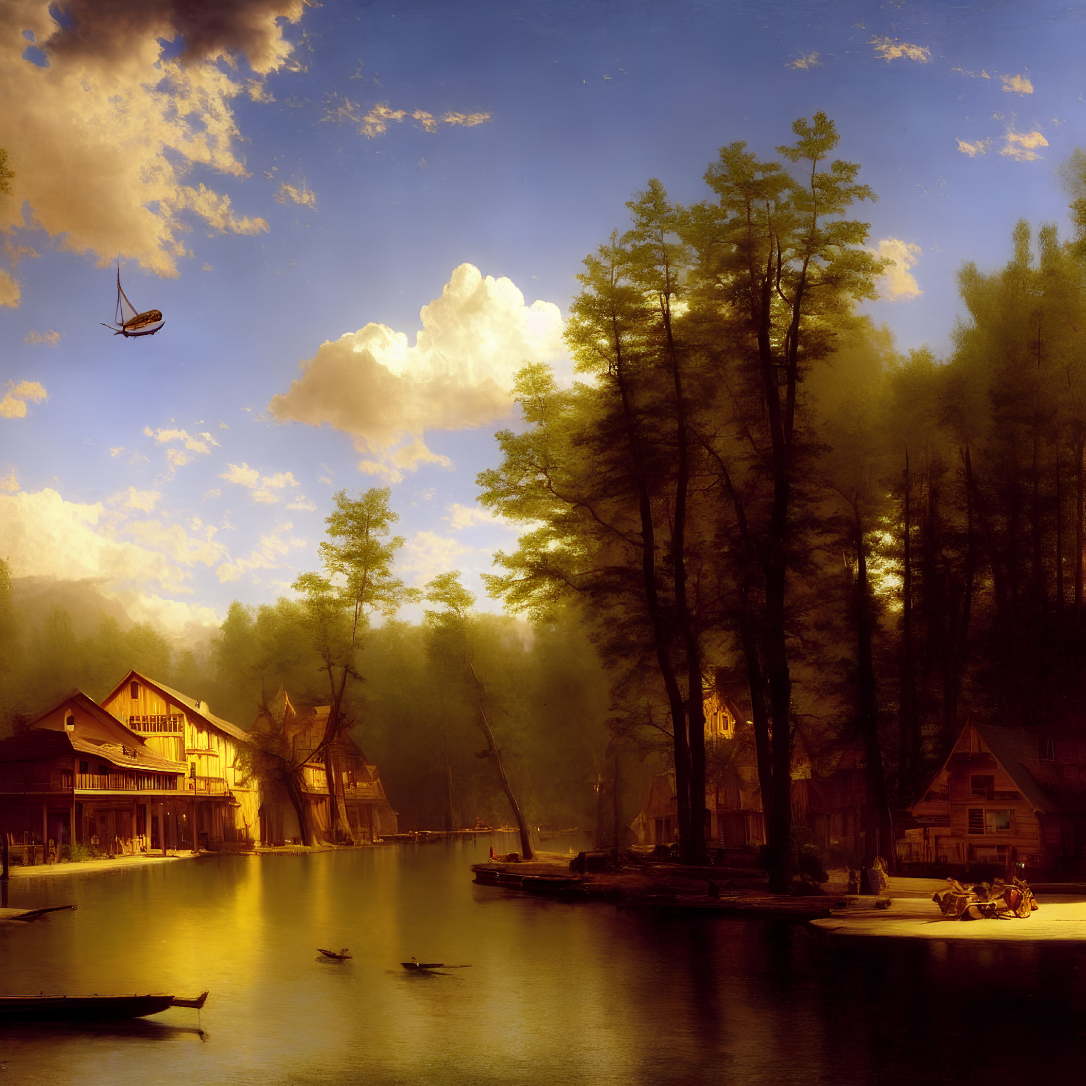 Tranquil lakeside with trees, houses, canoes, and hot air balloon at sunset