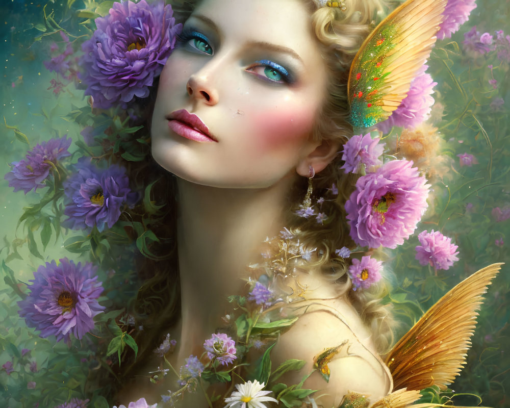 Fantastical image of fair-skinned woman with butterfly wings in lush floral setting