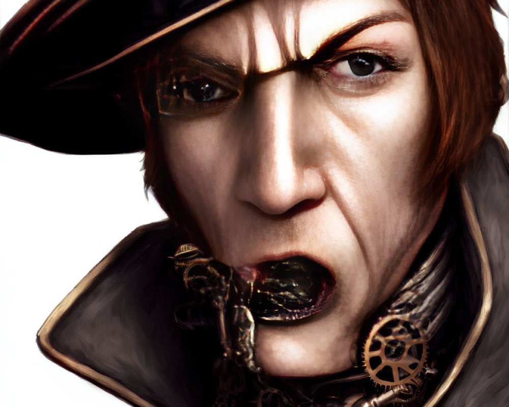 Steampunk-themed artwork: Person with mechanical mouth, top hat, and dark coat