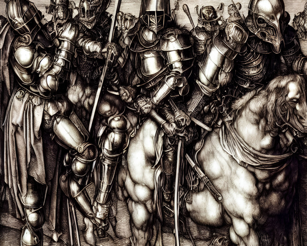 Detailed black and white illustration of armored knights on horseback and foot with lances and swords.