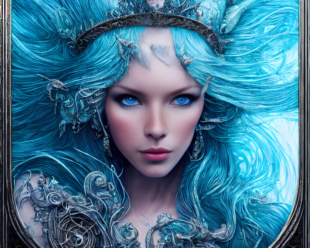 Fantasy portrait of a woman with blue hair and ornate headpiece on blue background