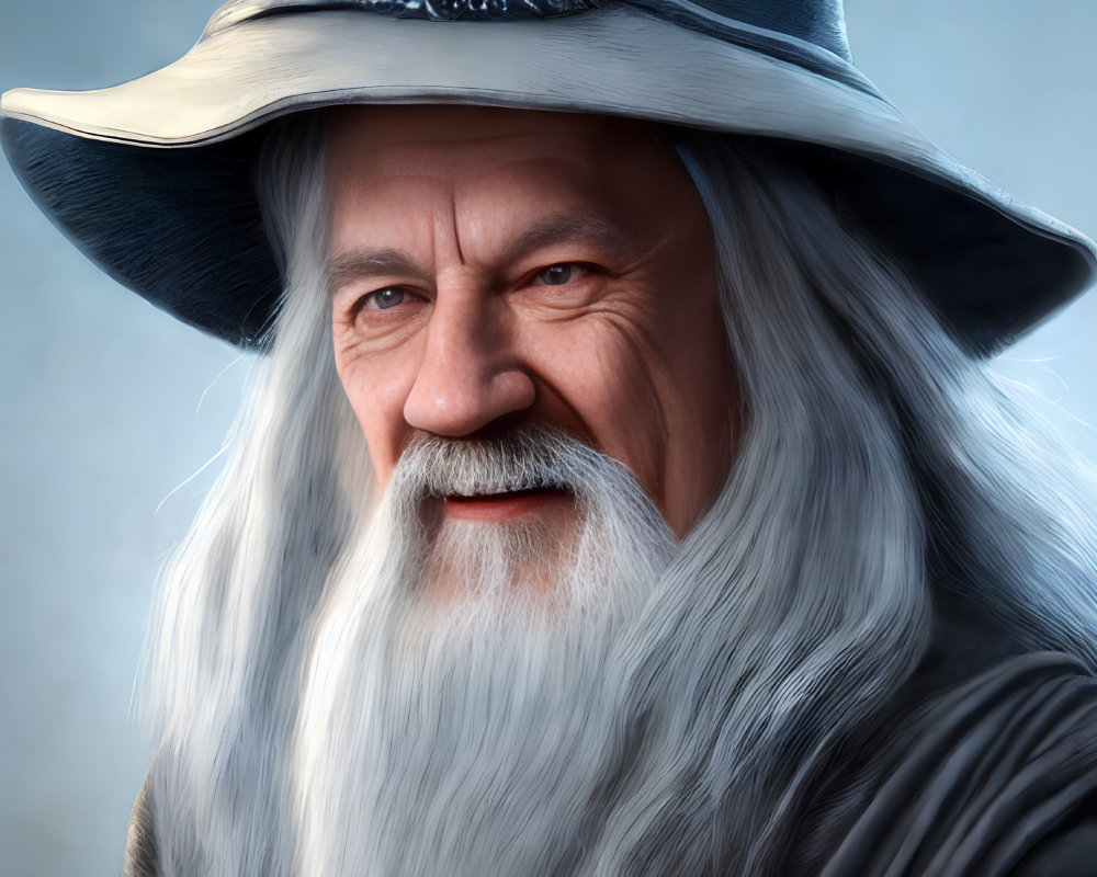 Elderly man with long white beard in wizard's hat