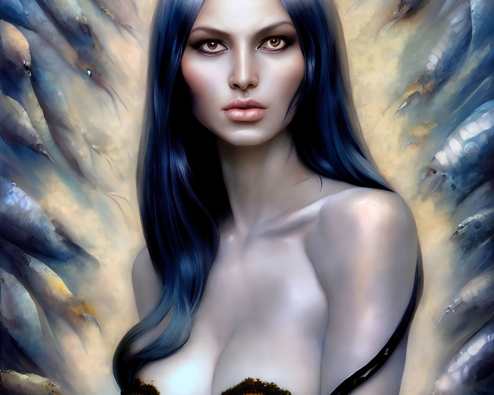 Digital painting: Woman with blue hair in surreal golden abstract background
