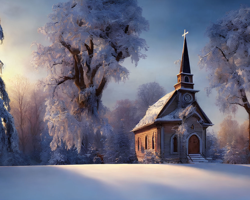 Snow-covered trees surround quaint wooden church under sunrise glow
