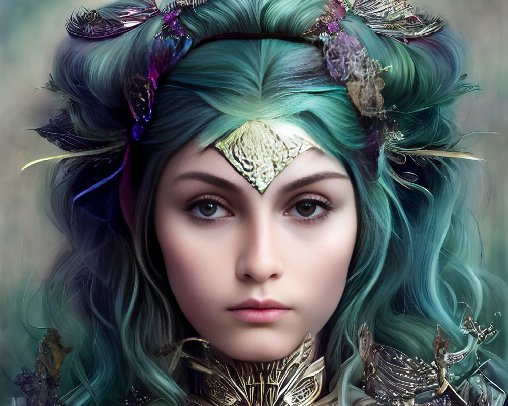 Fantastical digital artwork of woman with turquoise hair and golden headpiece.
