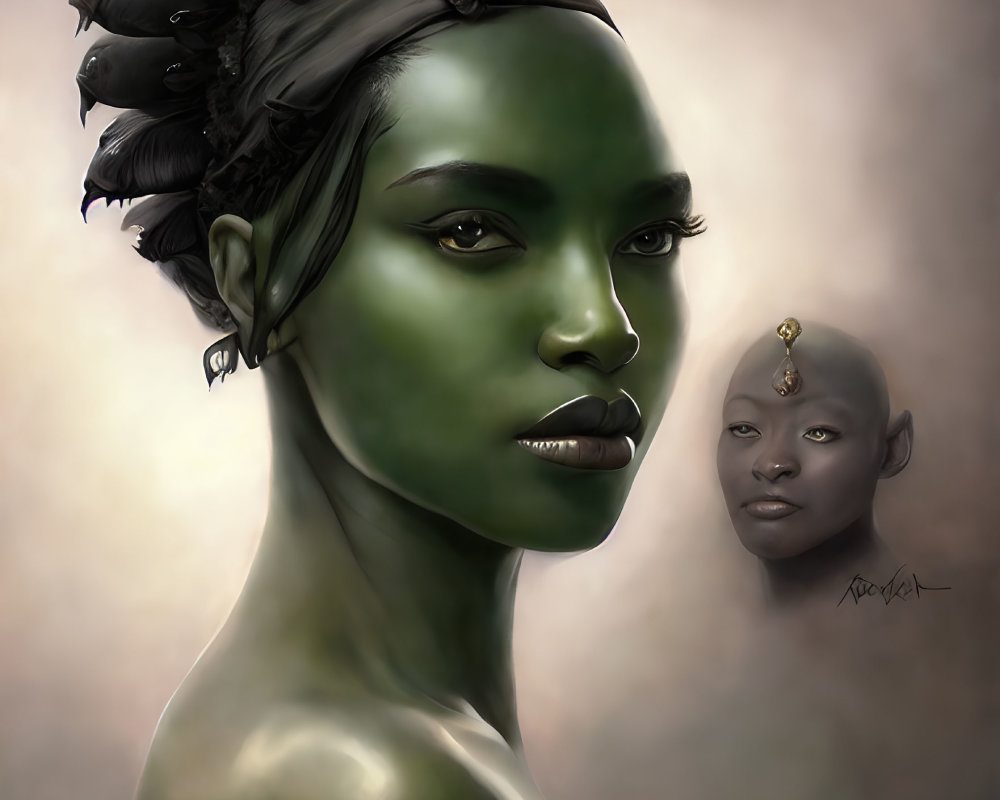 Stylized digital artwork of two figures with green skin and intense gazes
