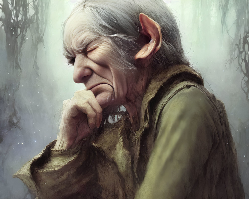 Elderly fantasy character with pointed ears in misty forest