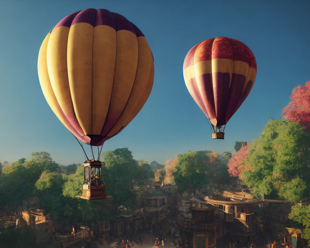Colorful hot air balloons over idyllic village and trees in daylight