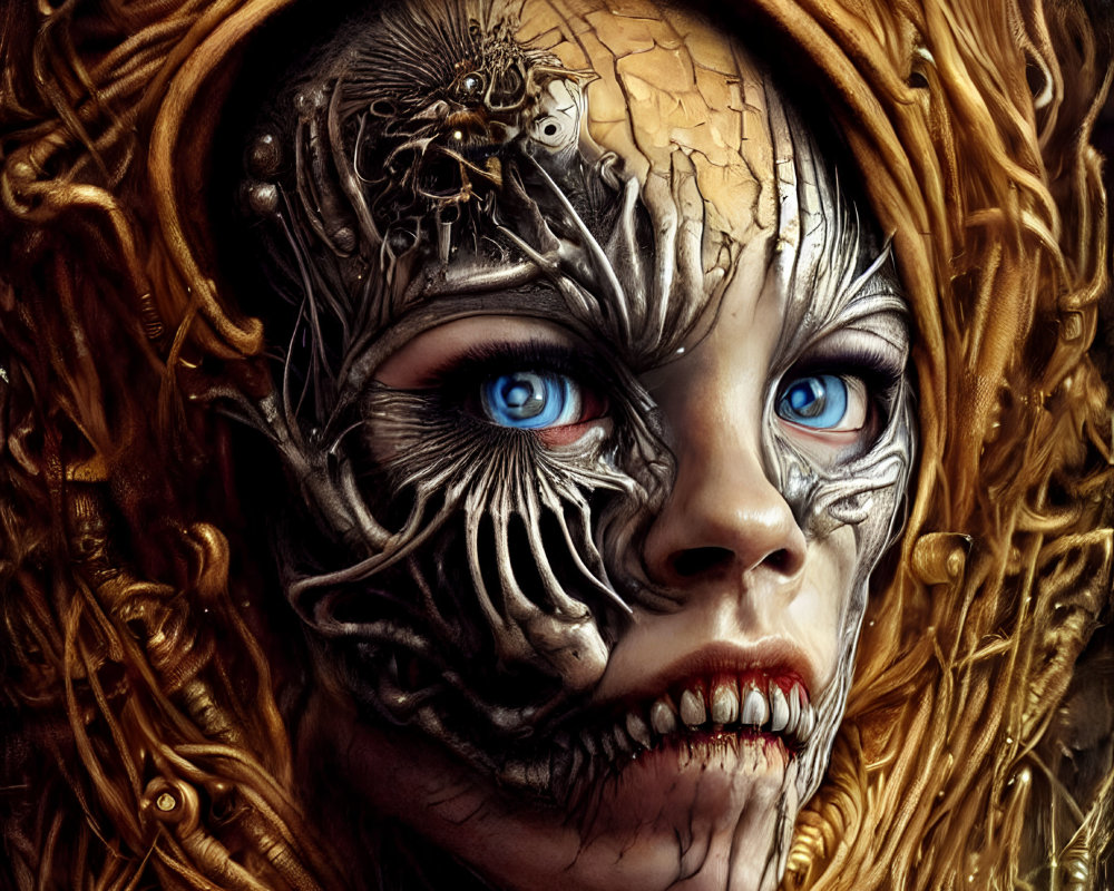 Fantasy portrait with human-meets-mechanical elements and gold accents