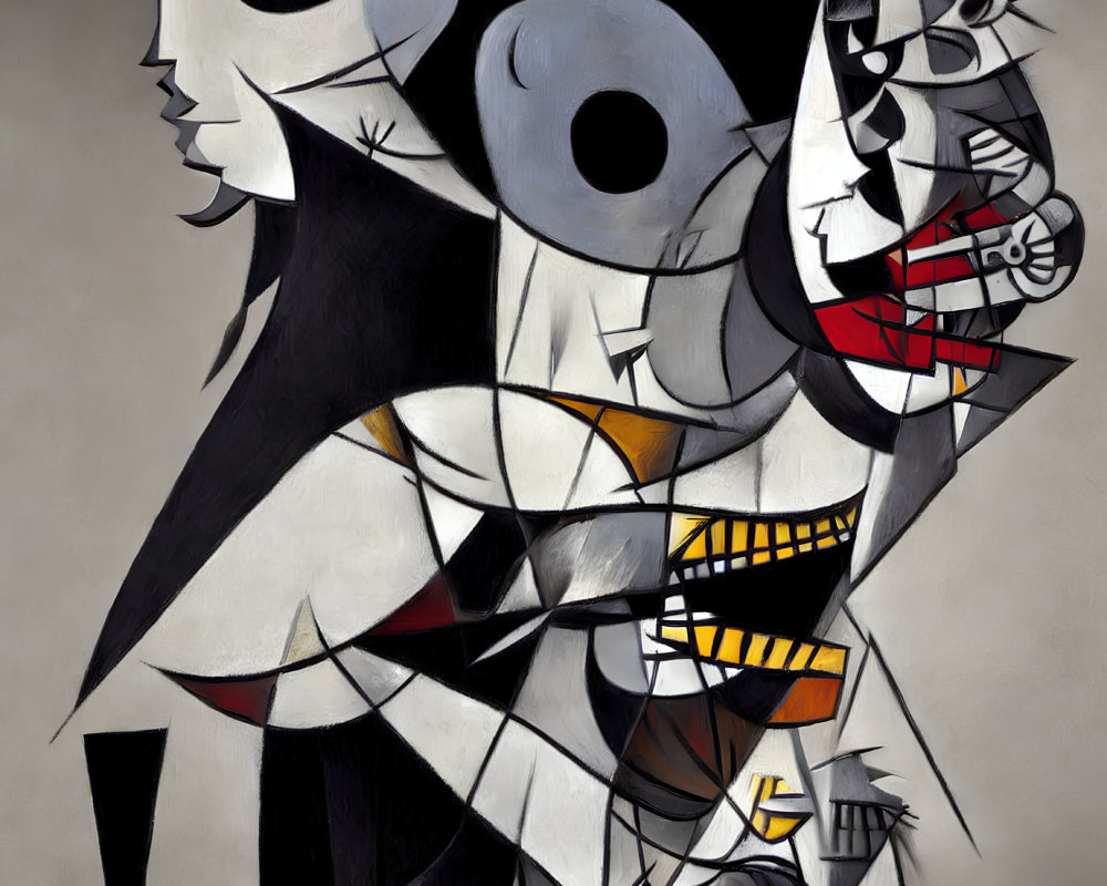 Cubist painting of chaotic scene with overlapping faces and body parts in grayscale with yellow and red touches