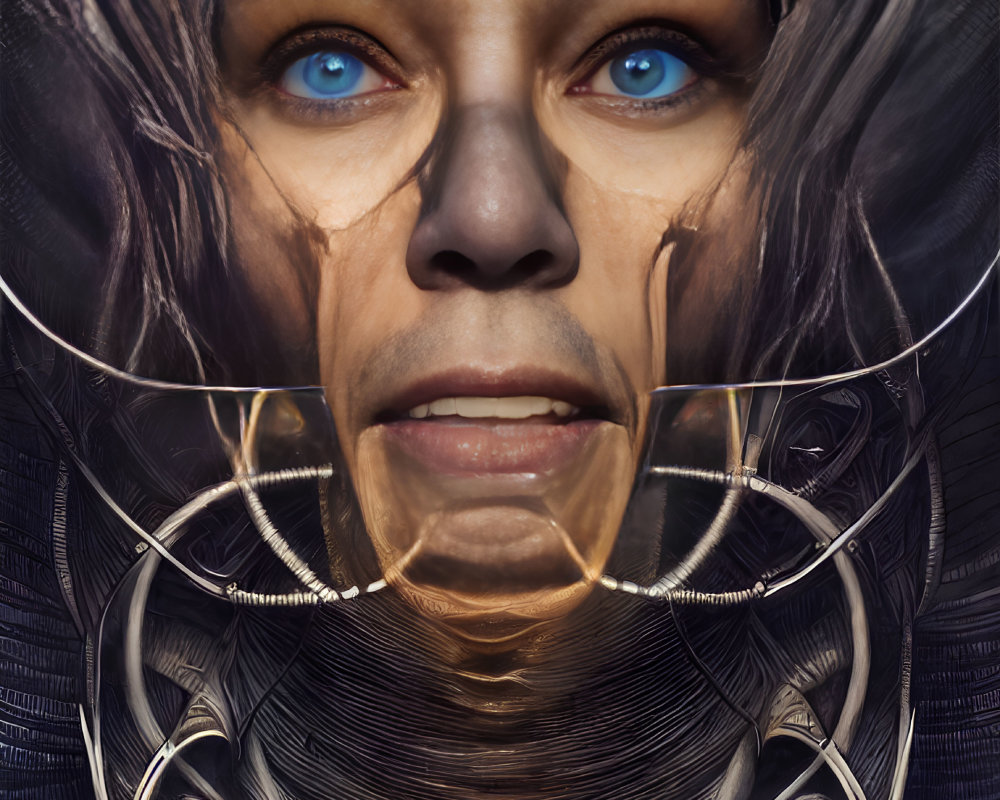 Detailed Close-Up: Futuristic Female Face with Striking Blue Eyes and Mechanical Details