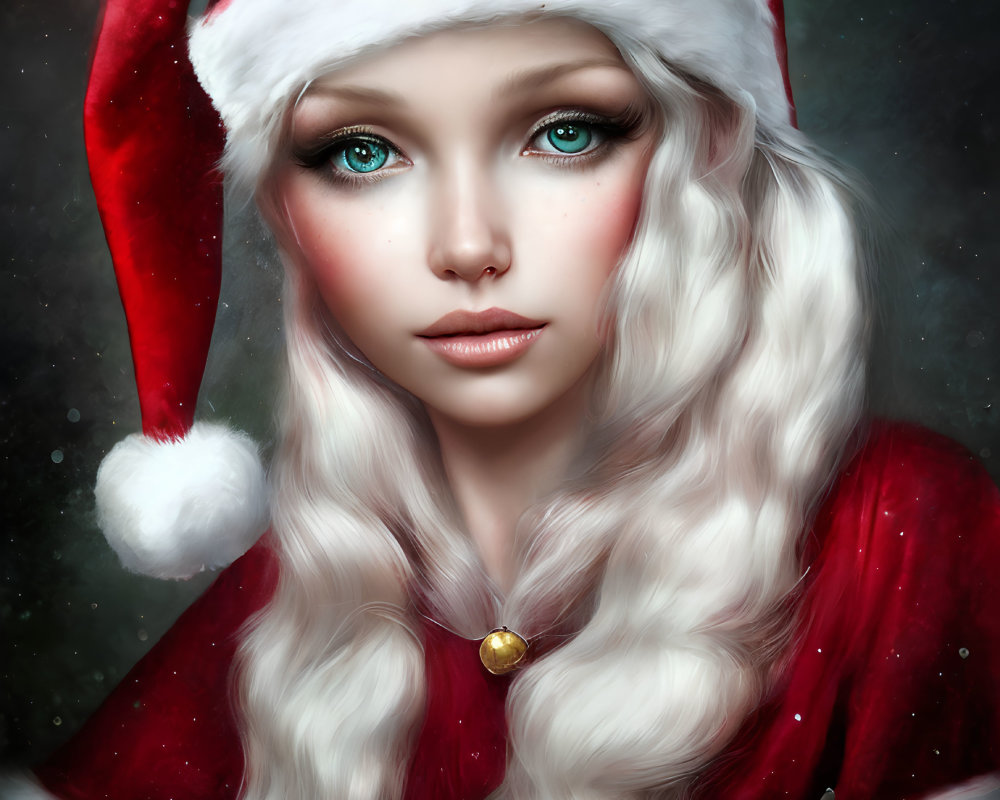 Digital illustration of young woman with blue eyes in Santa hat & red cloak with white fur trim, ex