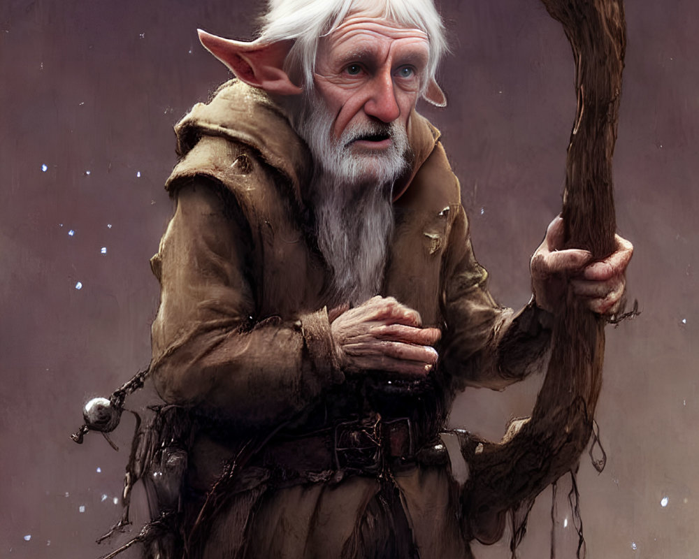 Elderly fantasy character with pointed ears in brown robe