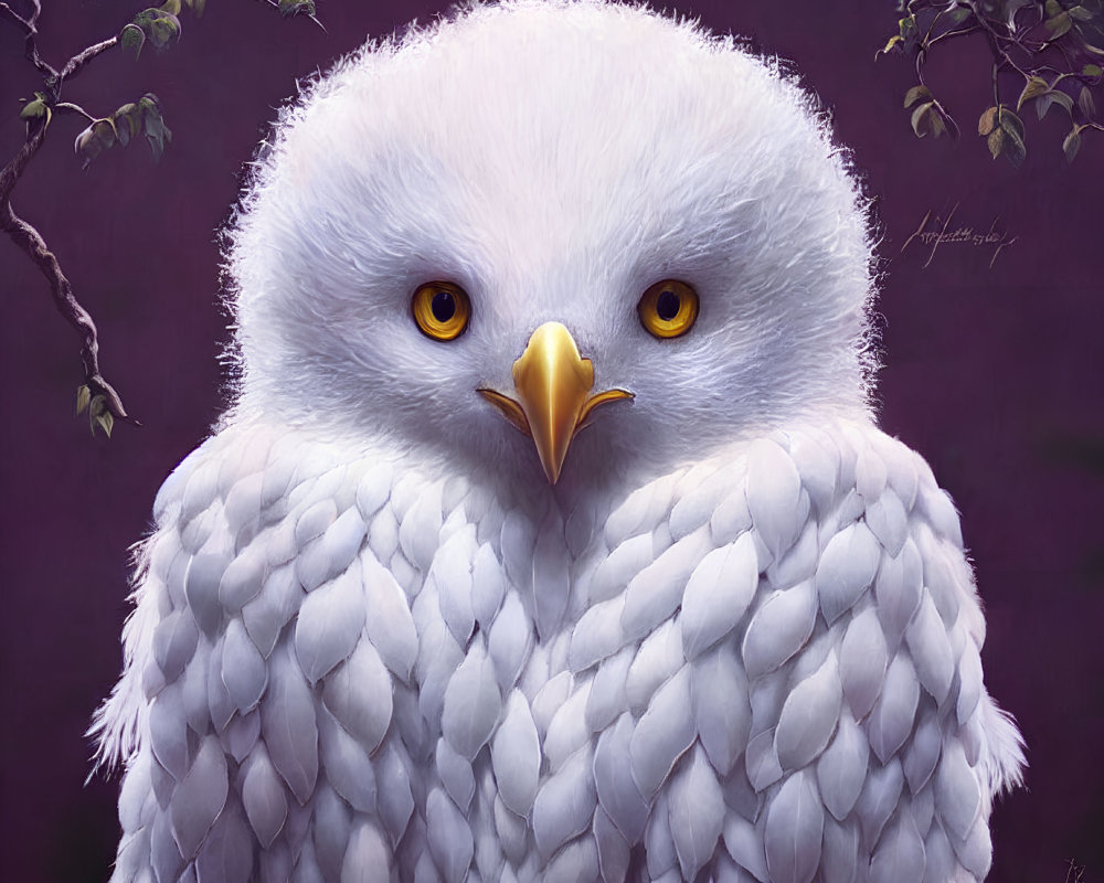 Detailed White Eagle Illustration with Yellow Eyes on Purple Background