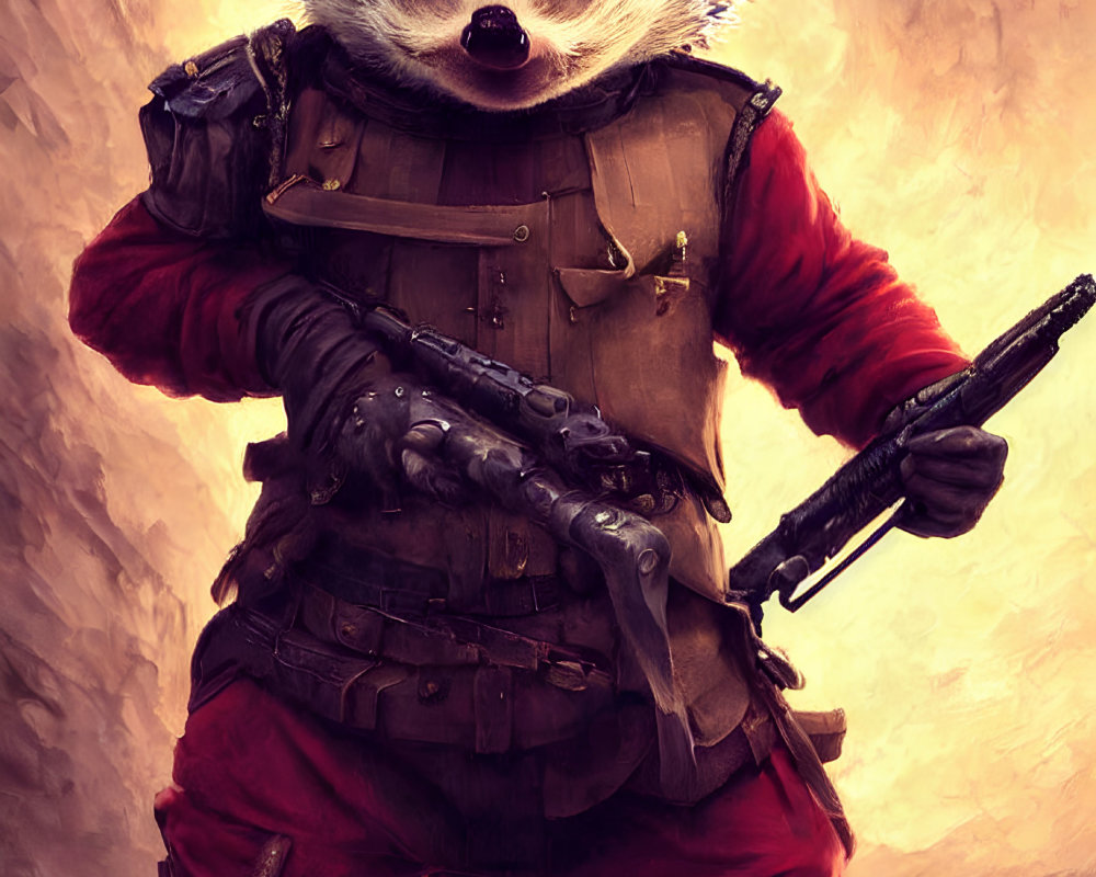Anthropomorphic hedgehog in military attire with rifle on warm-toned background