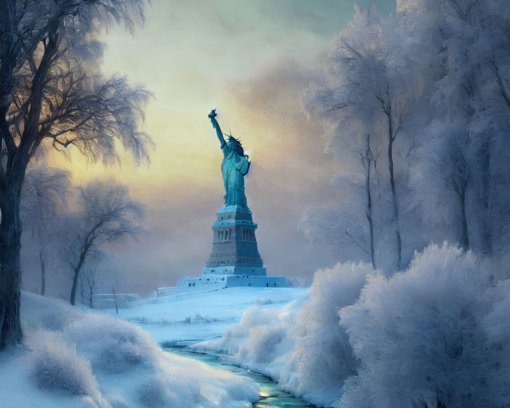Snow-covered Statue of Liberty in winter landscape with frozen river.