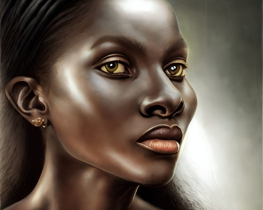 Digital portrait of woman with yellow eyes, contrasting skin tones, headband, and intense gaze