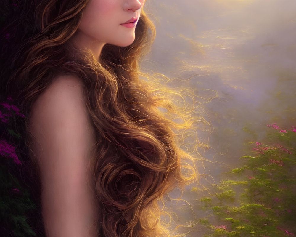 Young Woman Portrait with Long Curly Hair in Sunset Background