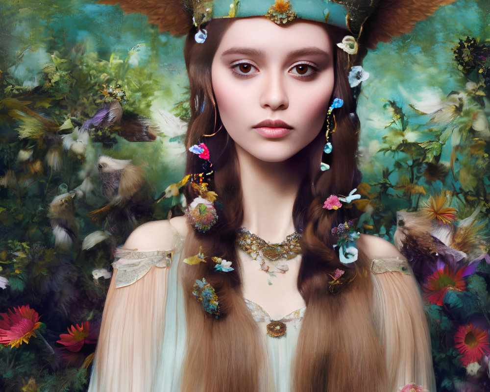 Fantastical Woman with Wings and Floral Headdress Amid Vibrant Background