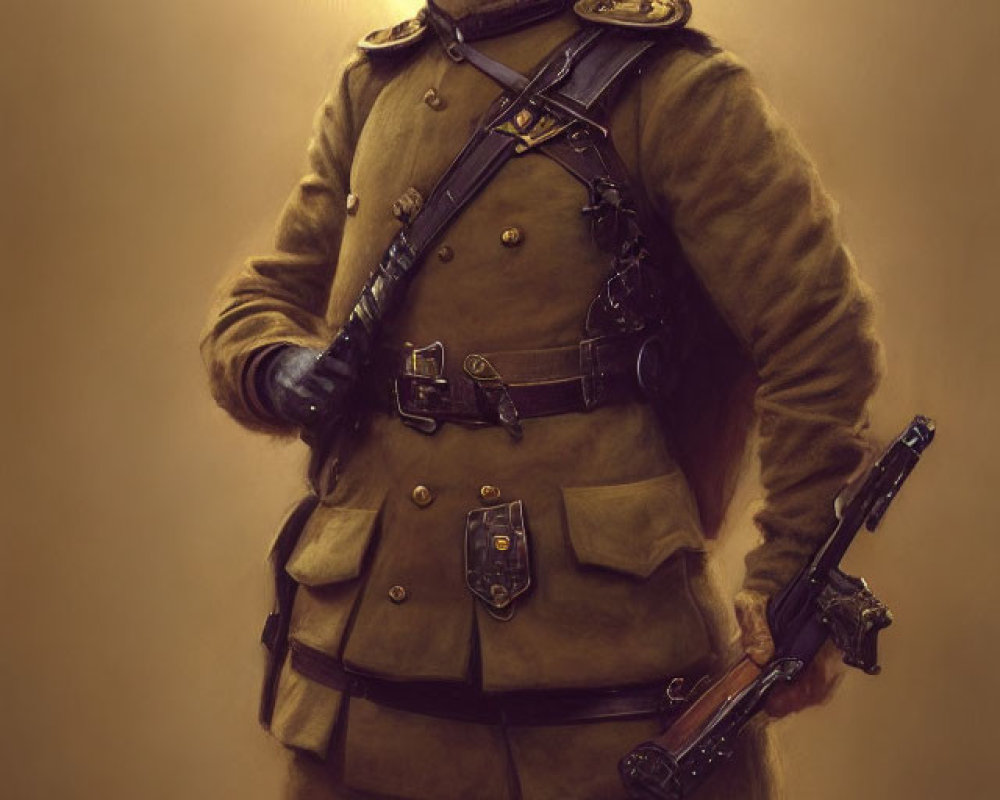 Anthropomorphic rabbit in vintage military attire with rifle