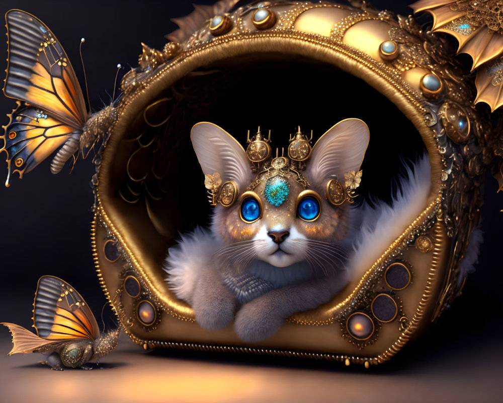 Fluffy Cat with Crown in Golden Frame and Butterflies Illustration
