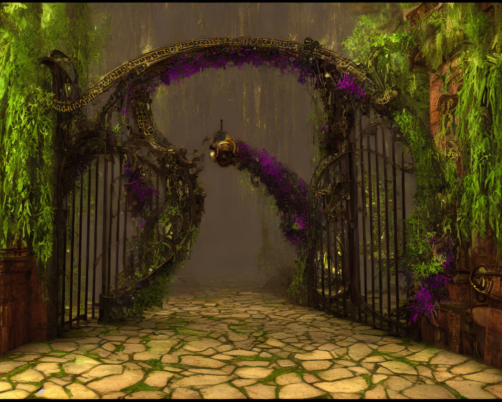 Wrought-iron gate covered in vines and flowers leads to misty path surrounded by stone walls and