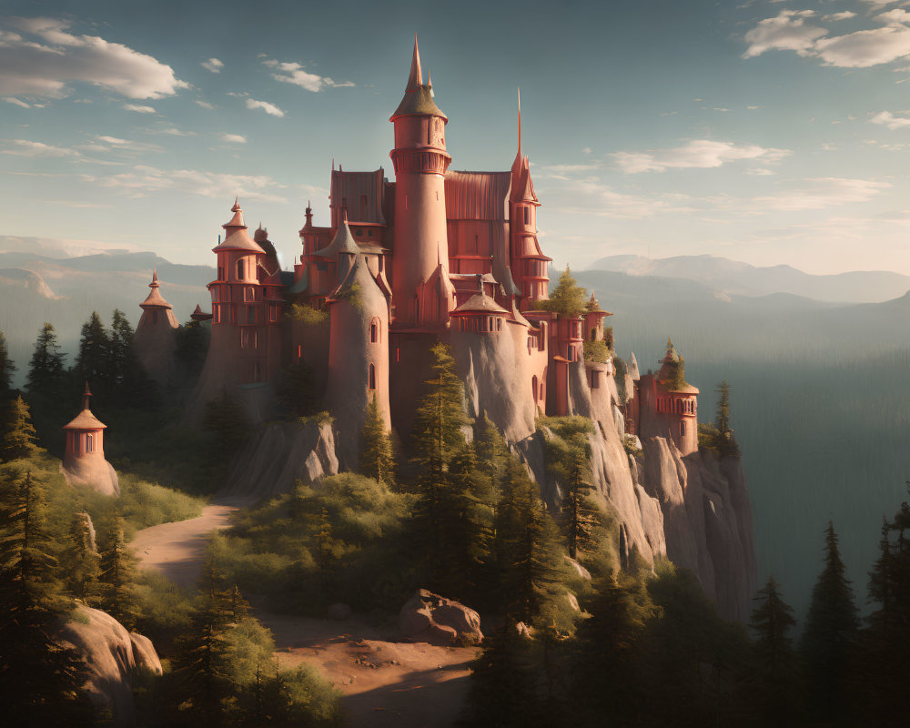 Red Castle on Cliff Overlooking Pine Forest and Mountains