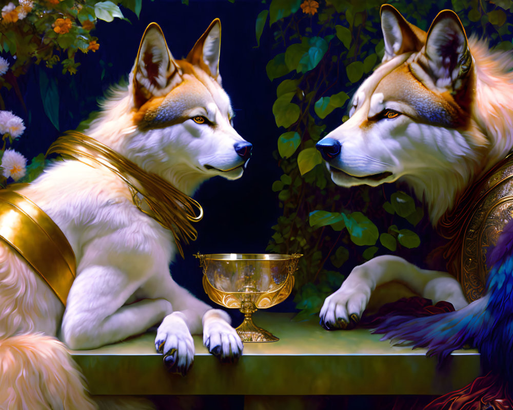 Anthropomorphized husky-like dogs in golden armor with chalice on floral backdrop
