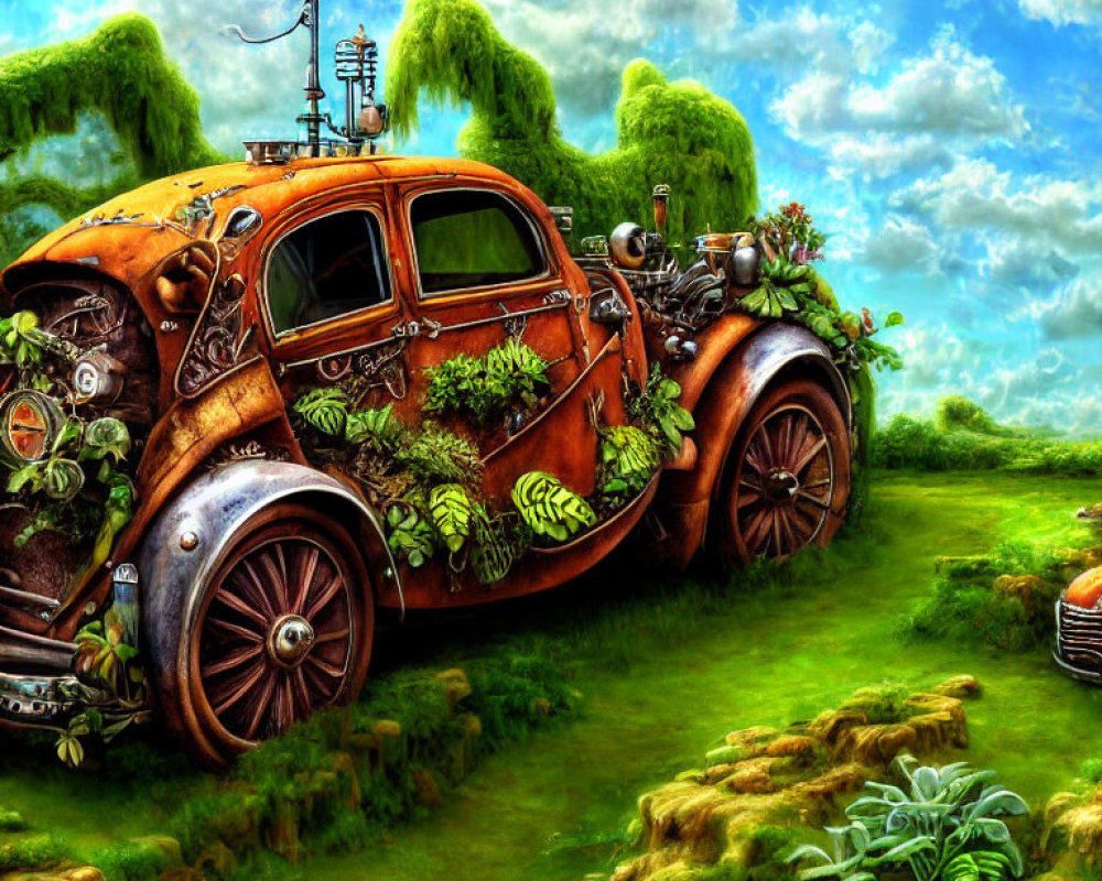Fantastical digital painting: Overgrown rusty car in lush green landscape