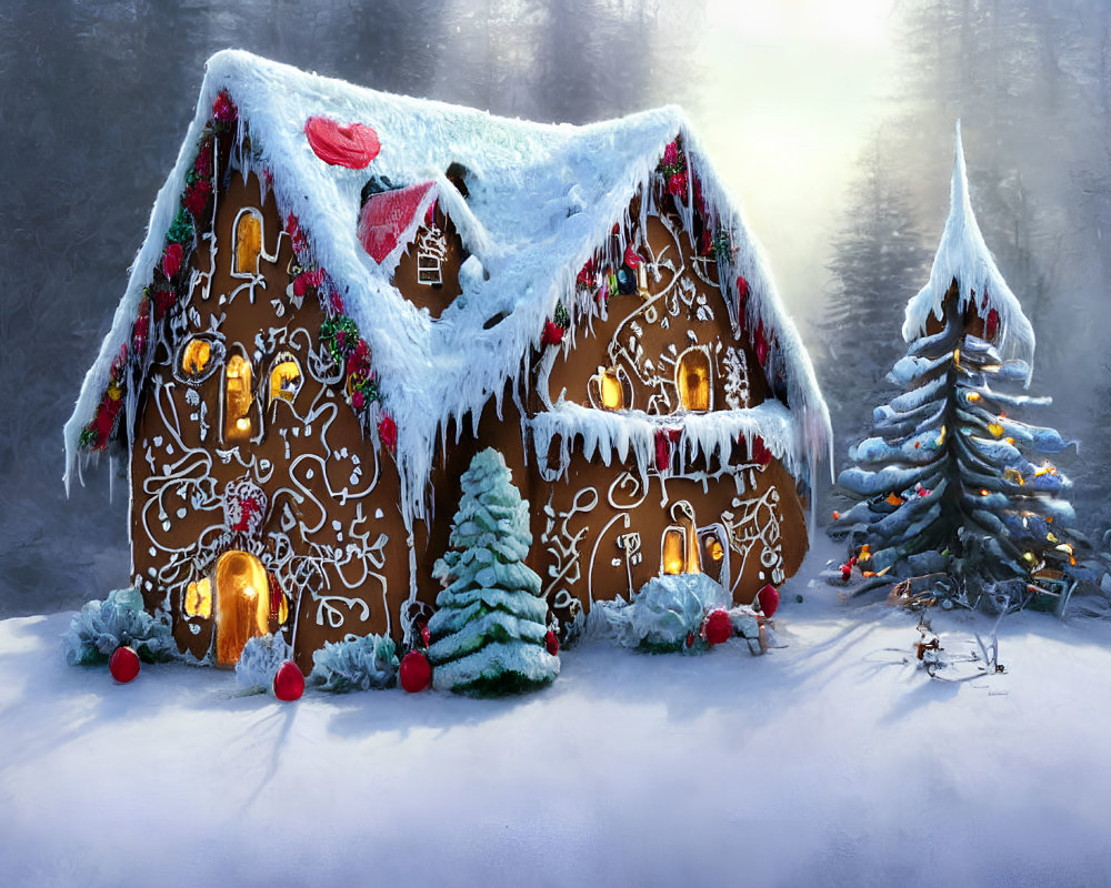 Snow-covered gingerbread house with candy decorations and glowing windows in misty forest setting