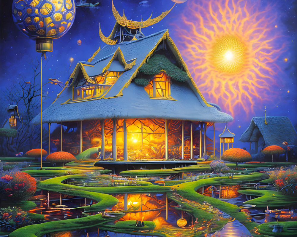 Fantasy scene: Glowing traditional house by pond, lush paths, starry sky, moon,