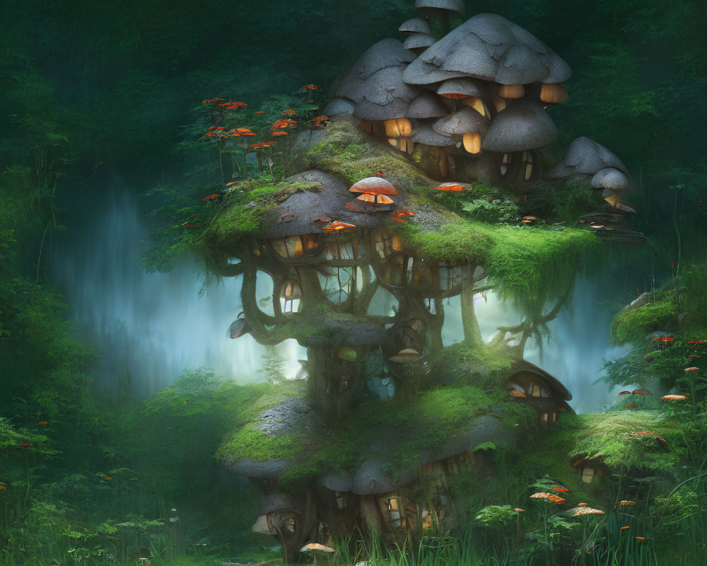 Enchanting multi-tiered mushroom house in lush forest with waterfalls