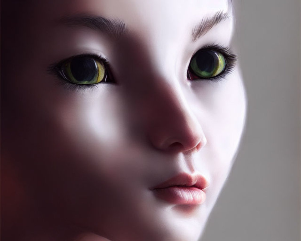 Digital art: Humanoid face with cat features and green eyes