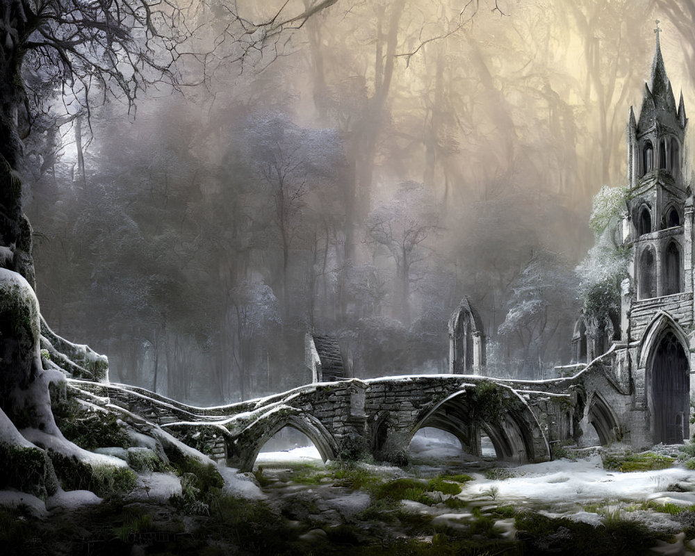 Snow-covered bridge and gothic ruins in misty forest with sun rays.