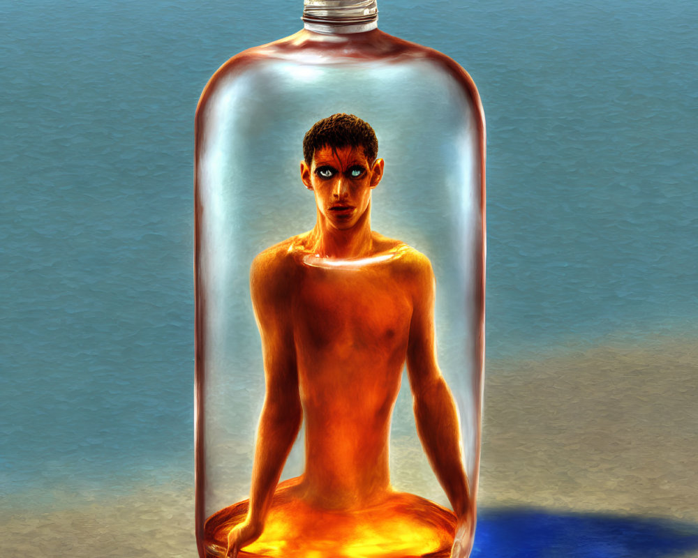 Digital artwork of shirtless man trapped in golden liquid bottle