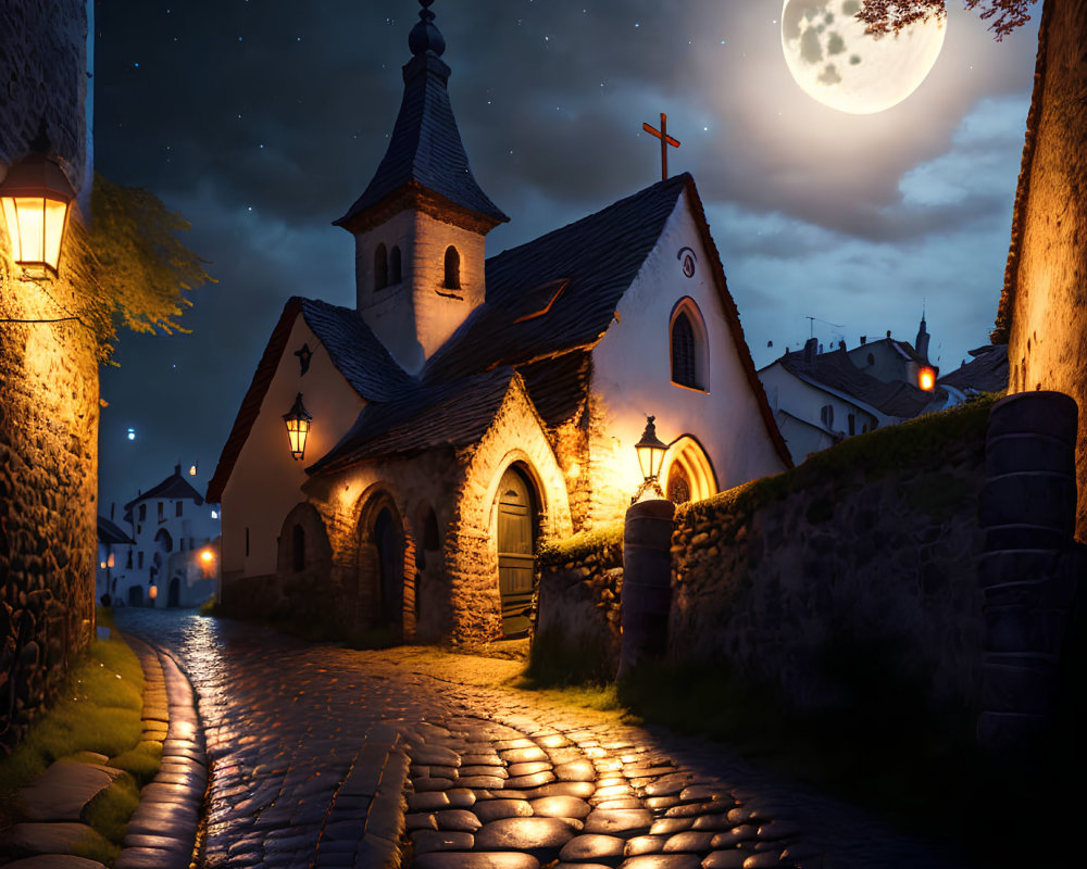 Medieval church illuminated by lanterns under starry night sky