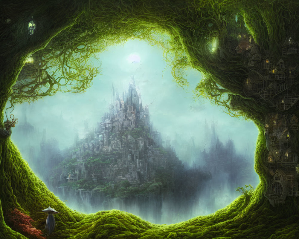 Enchanted forest with massive tree, mystical city, waterfalls, and cloaked figure