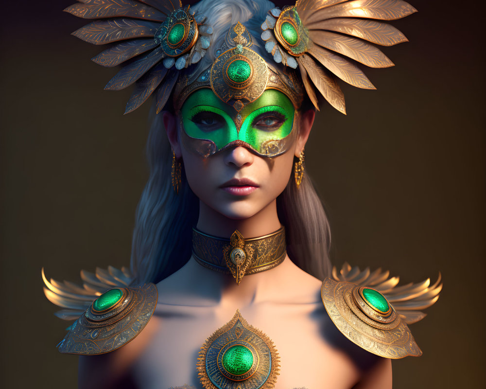 Regal woman in gold and green feathered attire