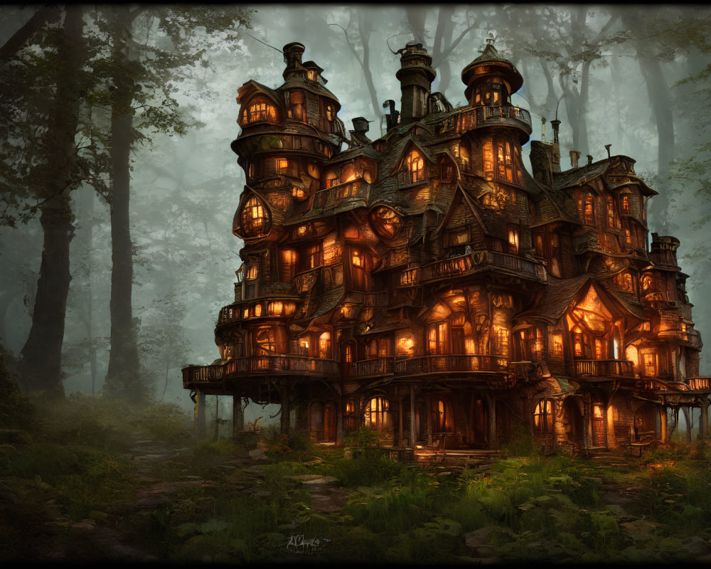 Detailed Multi-Story Fantasy House in Misty Forest