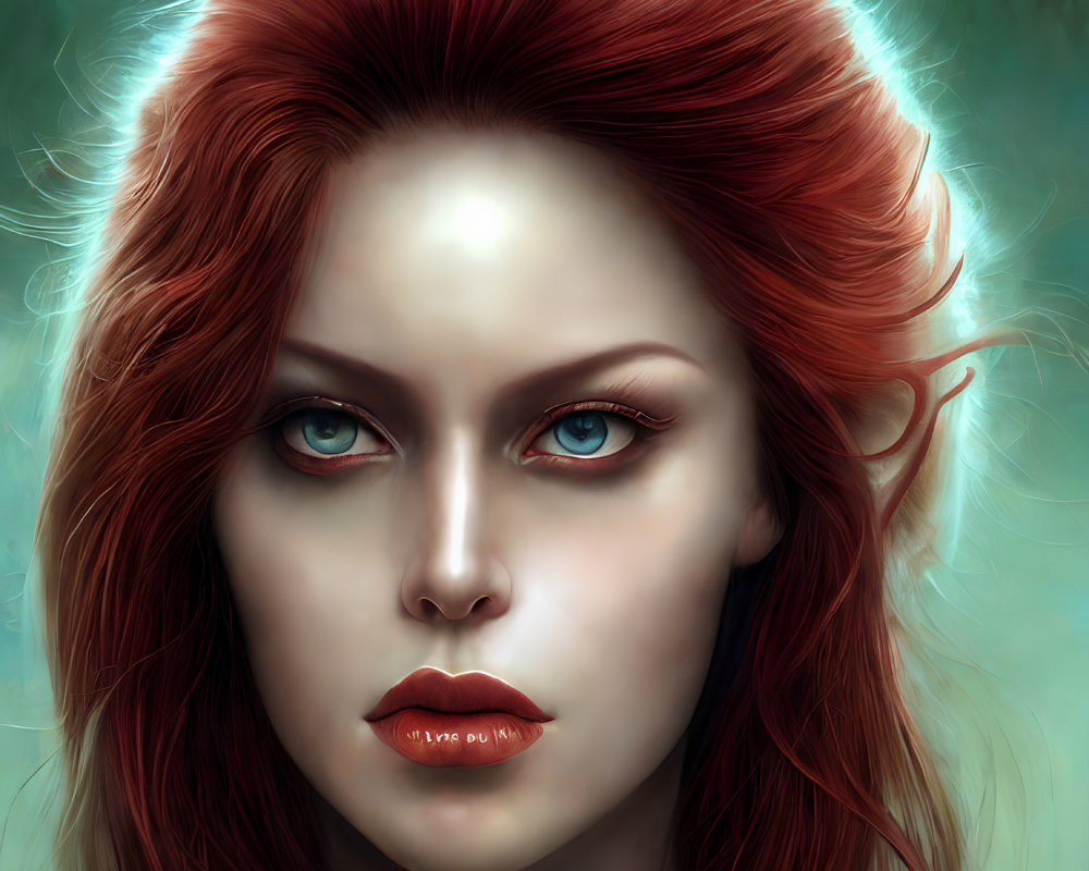 Detailed digital portrait of a woman with fiery red hair and intense blue eyes
