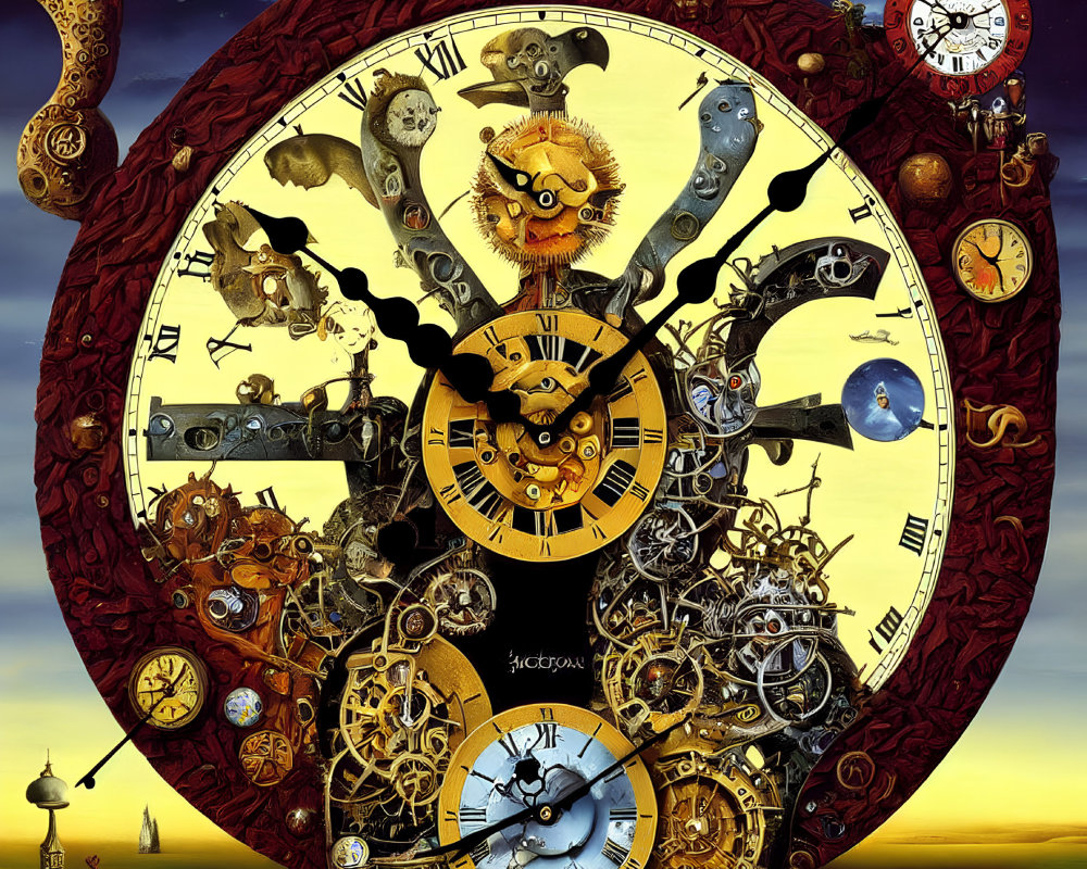 Intricate surreal clockwork with celestial bodies and central figure